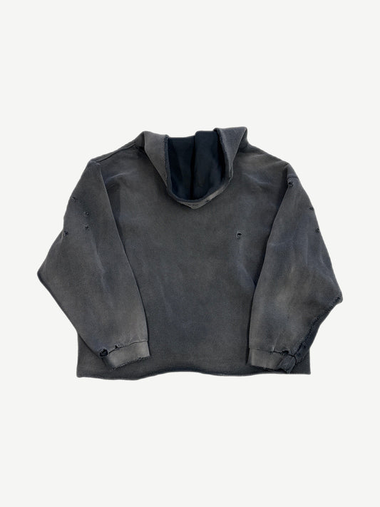 Satoshi Nakamoto black distressed V cut hoodie back view showing raw hood and distressed seam panel