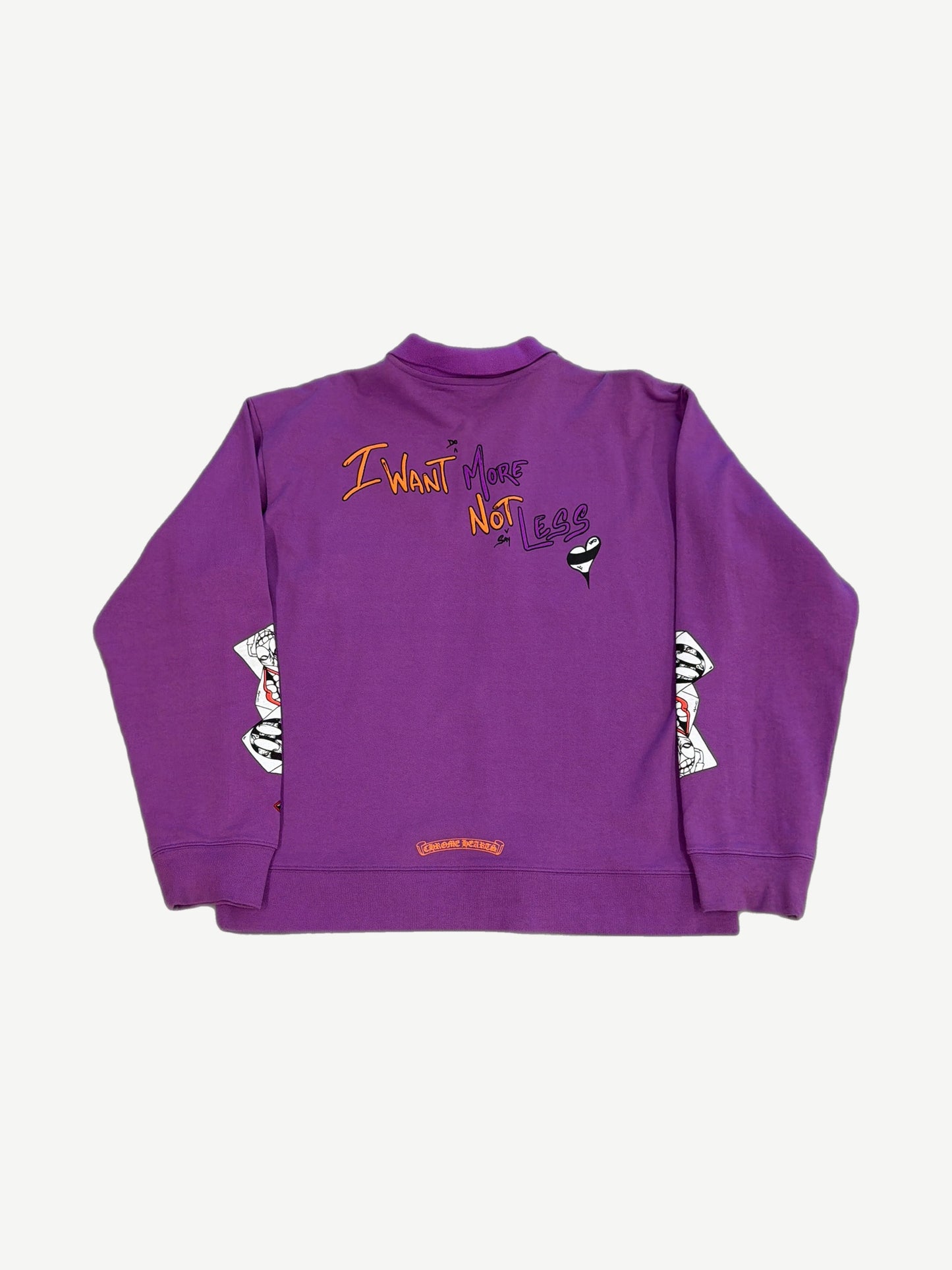 Chrome Hearts Matty Boy purple long sleeve polo back view with I Want More graphic and Old English script.