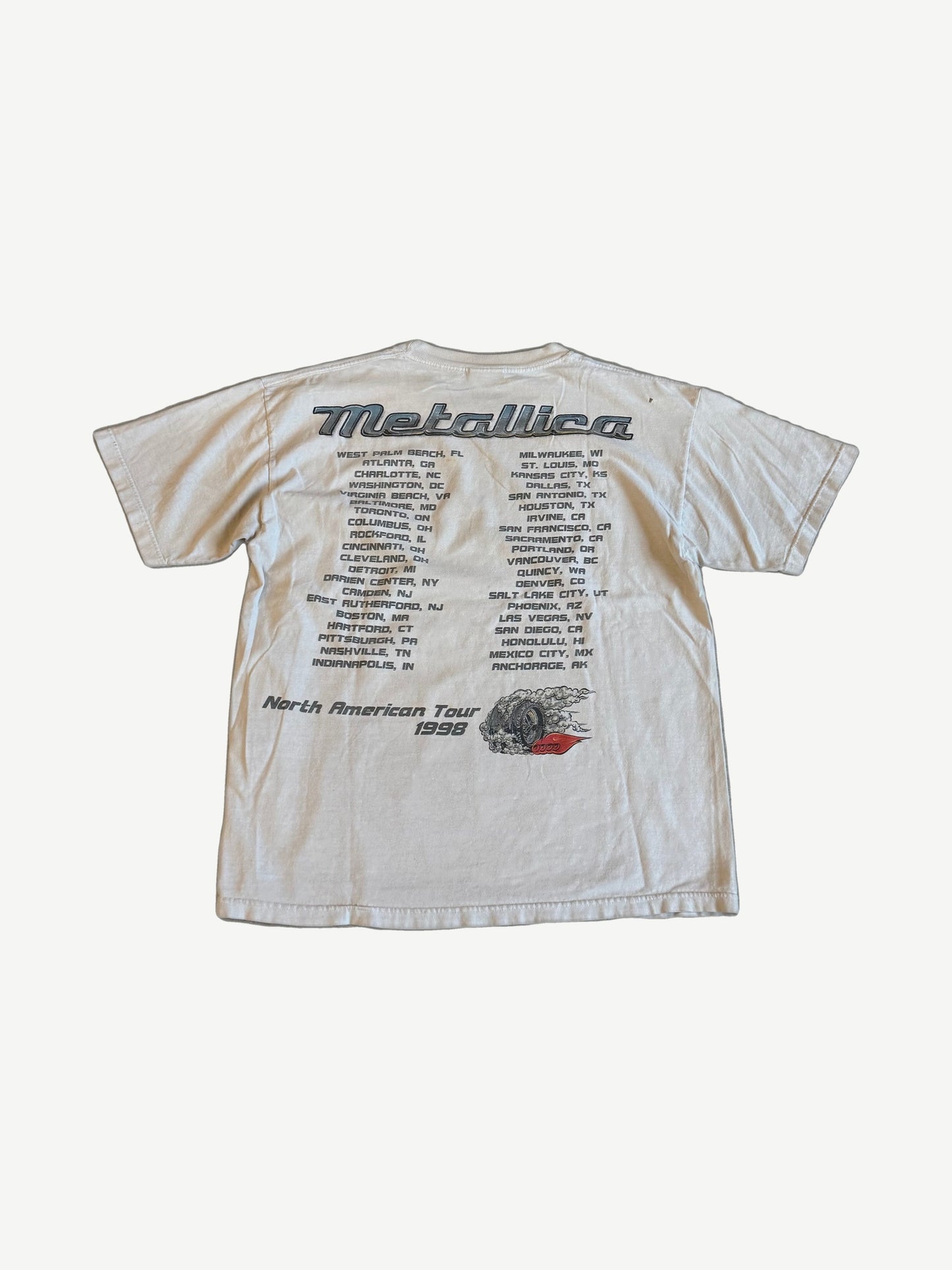 Vintage Metallica Gimme Fuel 1998 North American Tour tee back with city list and tire smoke logo