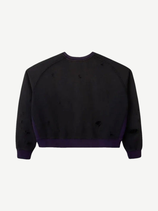 Raspberry Hills distressed black crewneck sweatshirt back view, blank panel with purple ribbed hem and scattered holes.