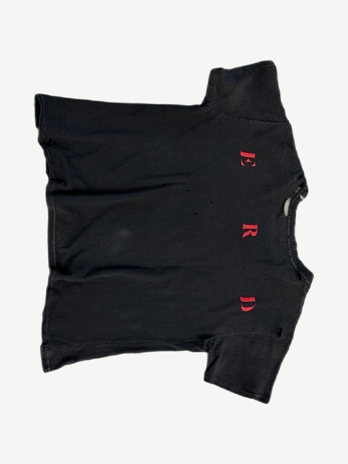 Enfants Riches Deprimes black tee back with vertical red ERD print and distressed holes