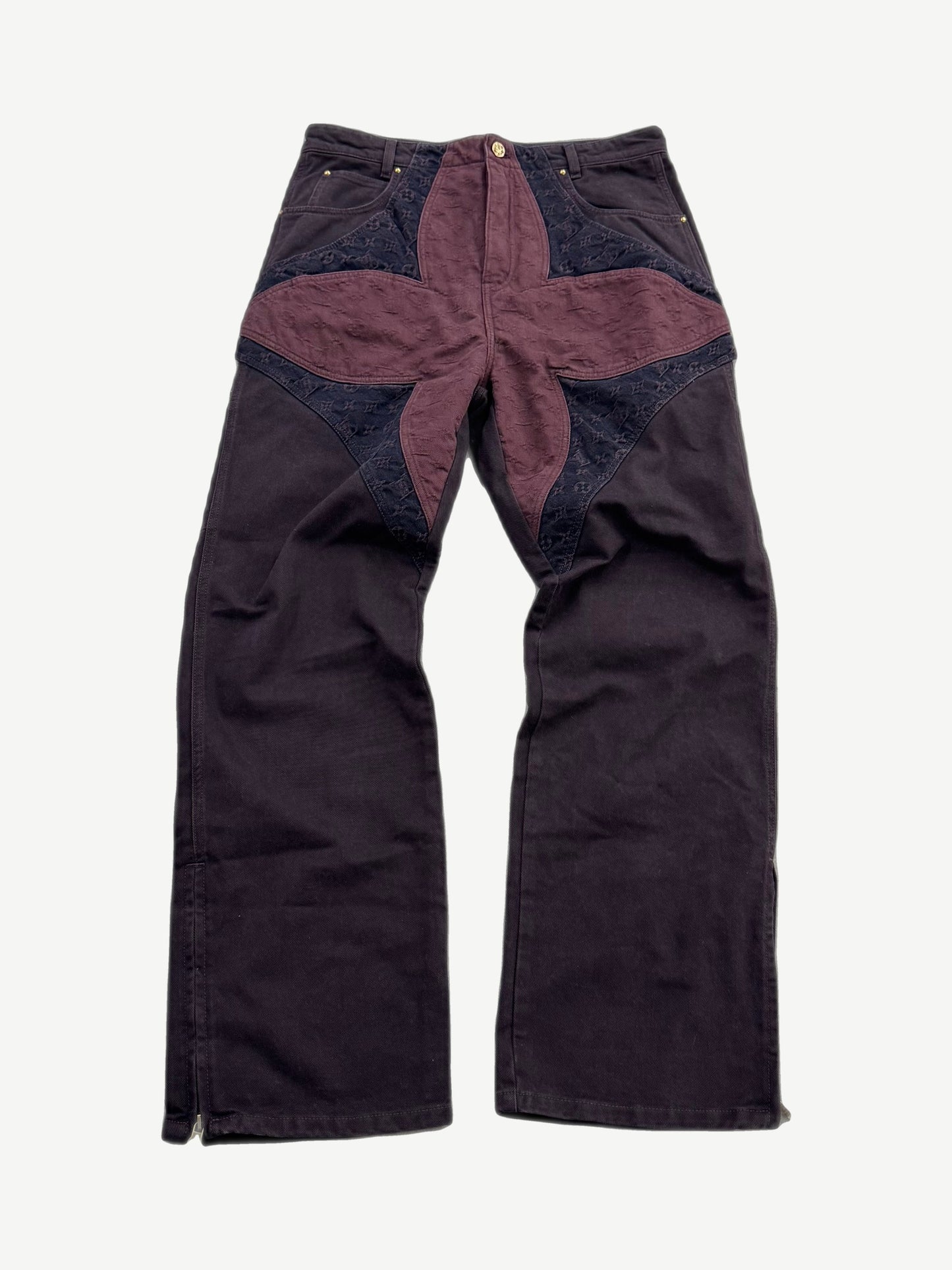 Louis Vuitton maroon monogram flower denim jeans with embroidered LV florals across faded indigo wash