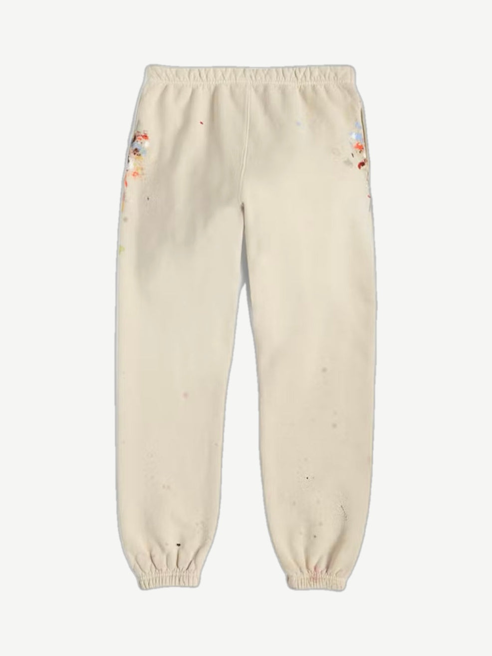 Gallery Dept cream painted logo sweatpants rear view with elastic waist and faded multicolor paint splatters