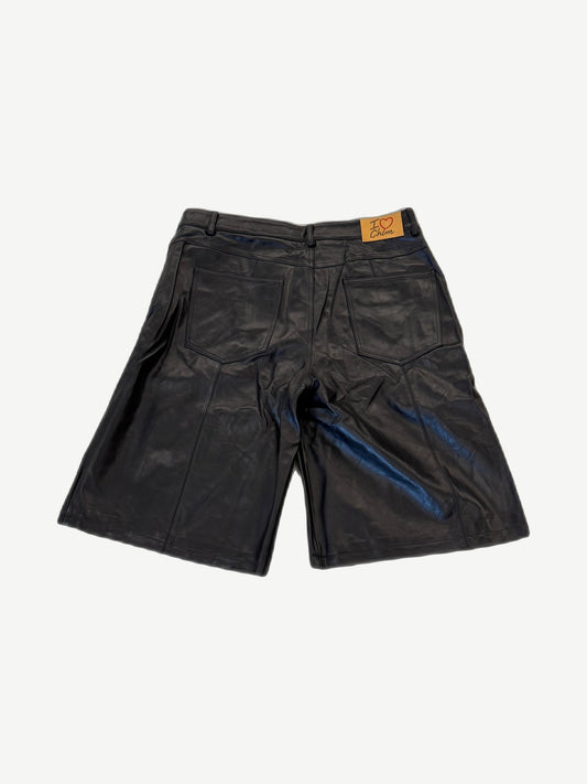 HMDD black leather lamb chop shorts back, I heart Chim leather waistband tag above twin patch pockets.