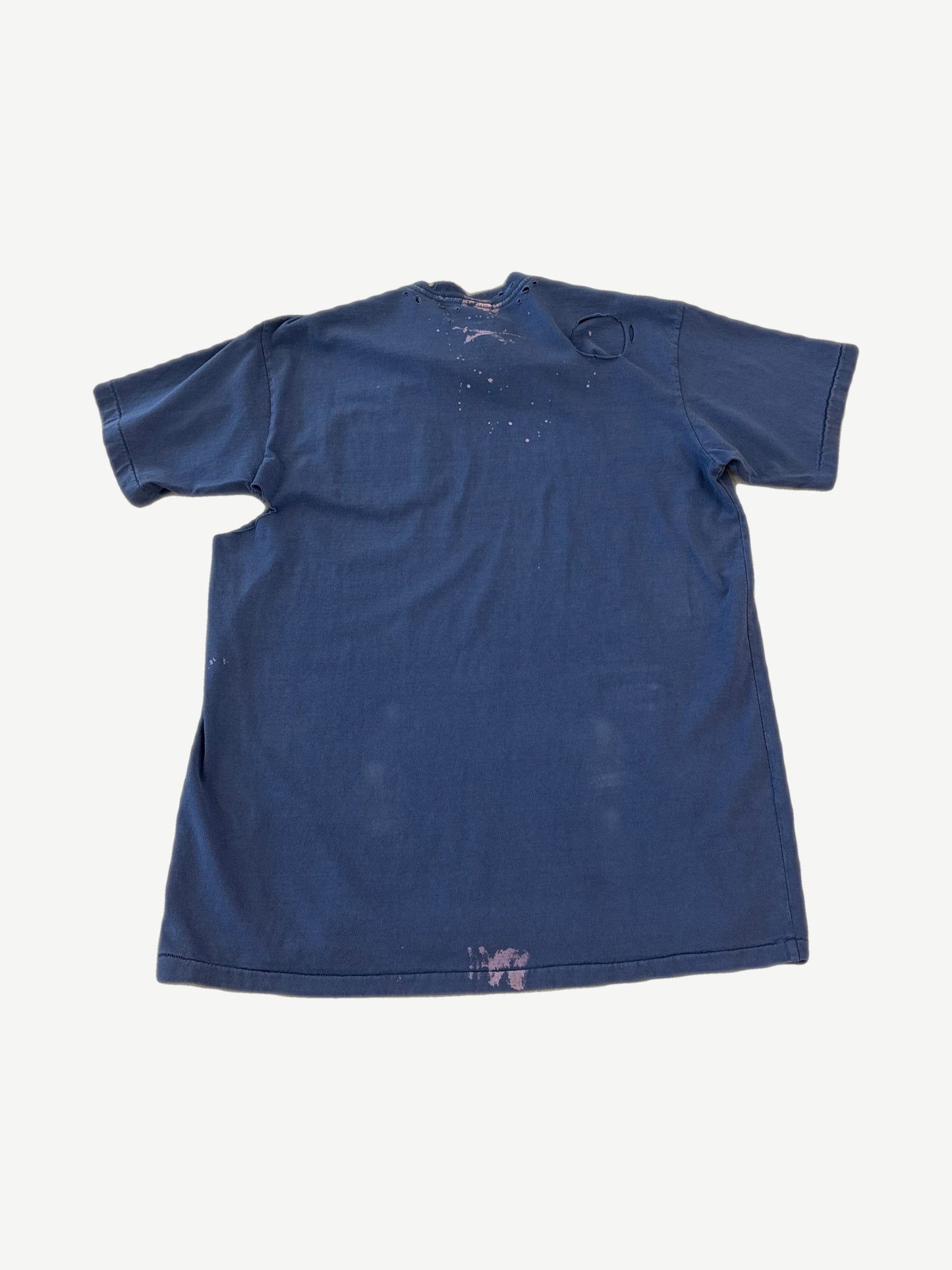 Enfants Riches Deprimes blue pocket tee back view with bleach streaks and distressed holes
