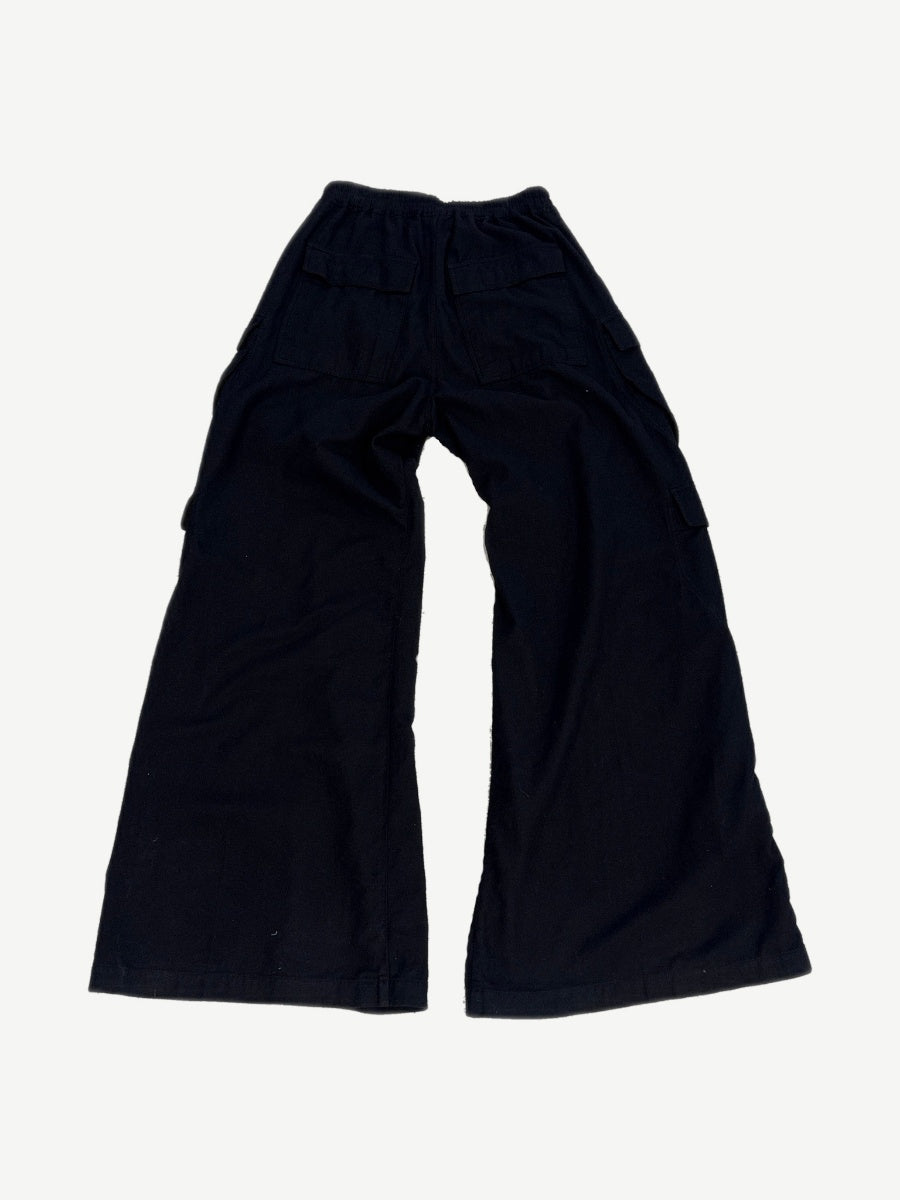 Rick Owens DRKSHDW black Jumbo Bela cargo pants rear view with utility pockets and exposed elastic waistband