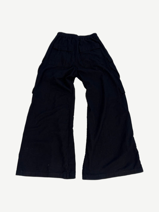 Rick Owens DRKSHDW black Jumbo Bela cargo pants rear view with utility pockets and exposed elastic waistband
