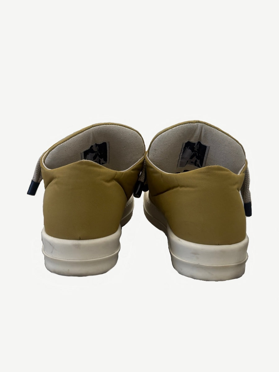 Rick Owens DRKSHDW mustard puffer low sneaker rear heel view with quilted padding and vulcanized sole