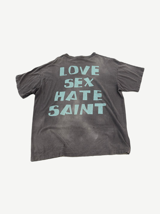 Saint Michael Celebrity tee front, washed black cotton short sleeve with vintage faded finish