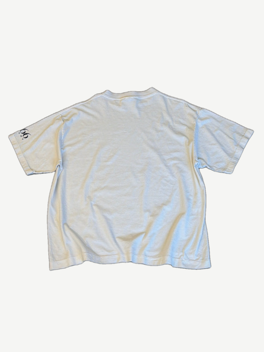 Saint Michael white rainbow logo tee back view showing blank white cotton with sleeve detail
