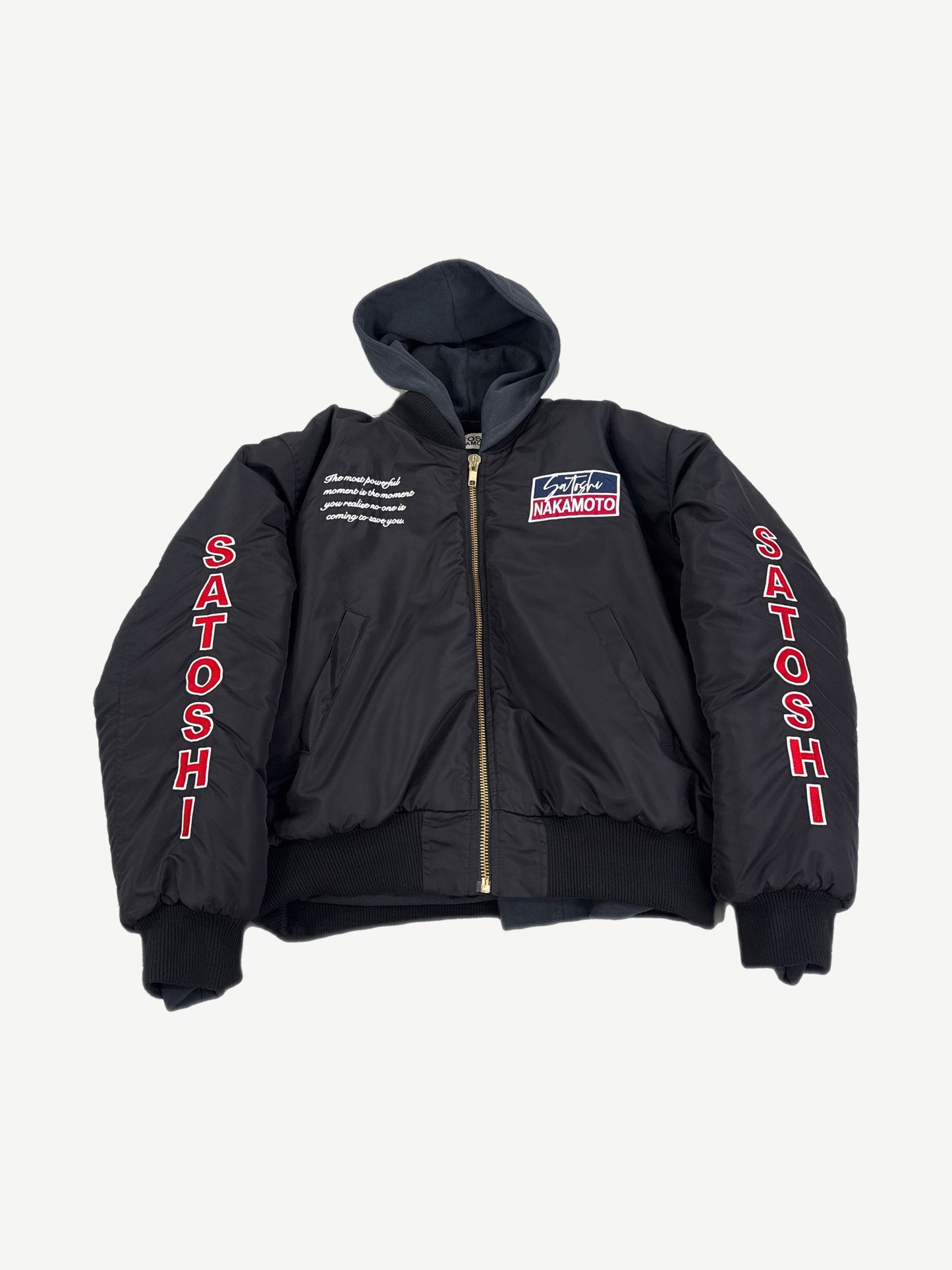 Satoshi Nakamoto Off Road black hooded bomber jacket with red SATOSHI sleeve text and chest box logo patch.