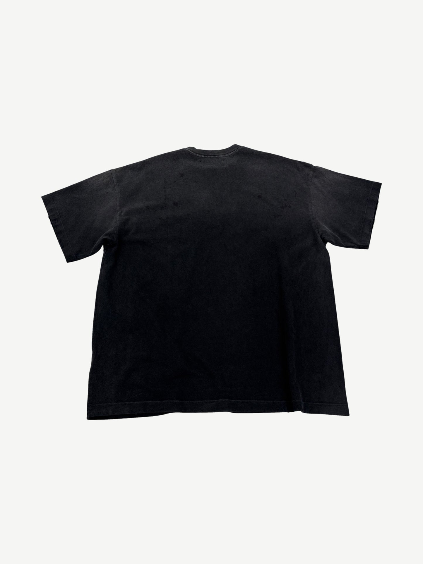 Satoshi Nakamoto chain stitch tee back, faded black cotton with broken-in vintage finish