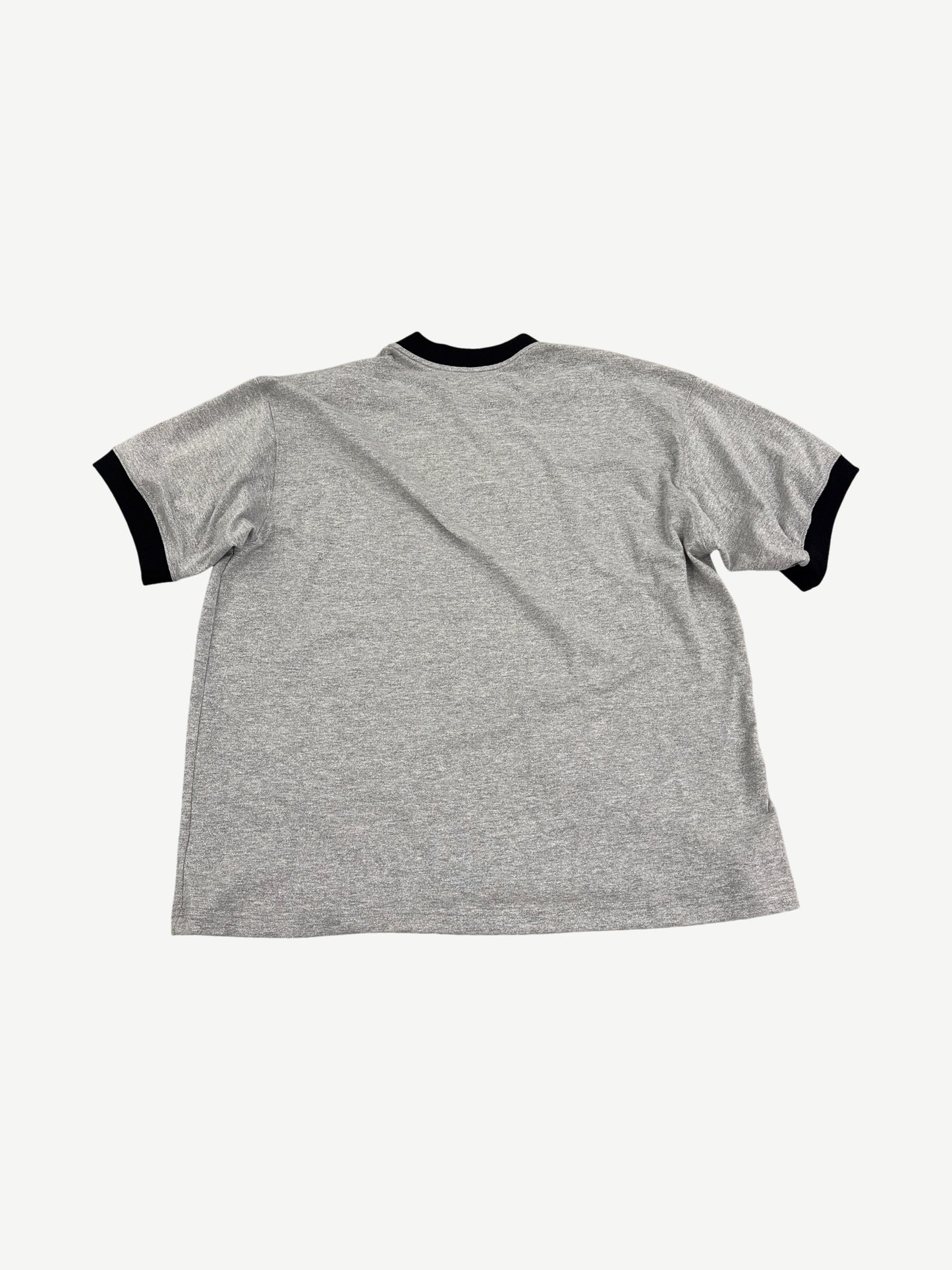 Back view of Satoshi Nakamoto heather gray ringer tee with black contrast neck and sleeve cuff trim