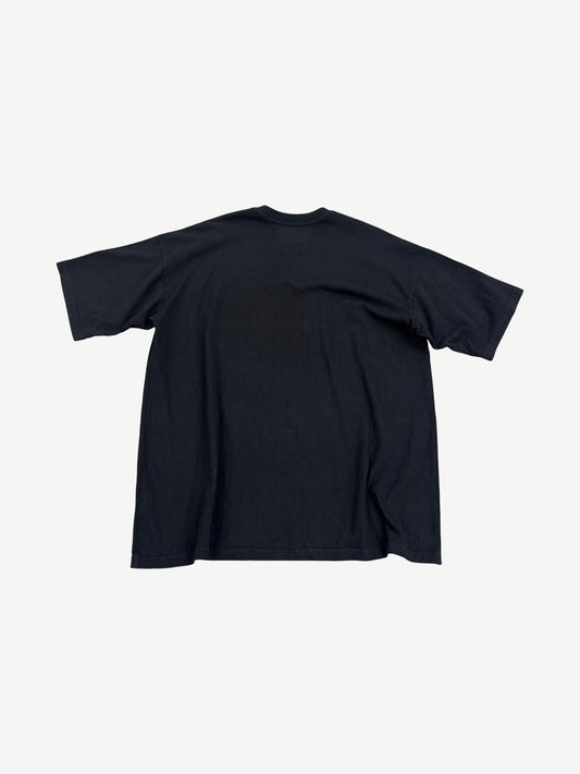 Satoshi Nakamoto Samsung logo printed tee back view in faded black with oversized boxy silhouette.