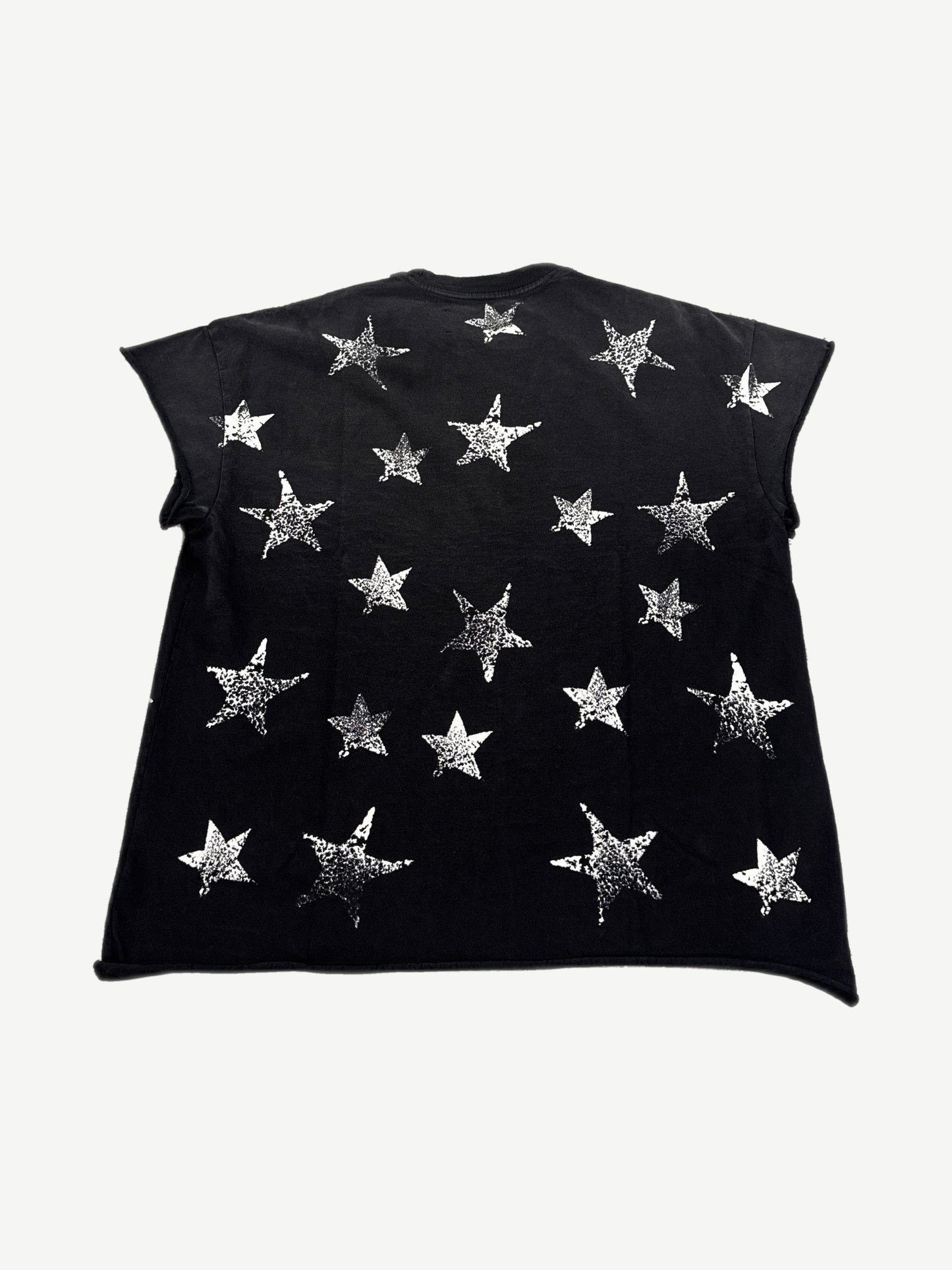 Satoshi Nakamoto black cutoff muscle tee back covered in silver distressed five-point star prints
