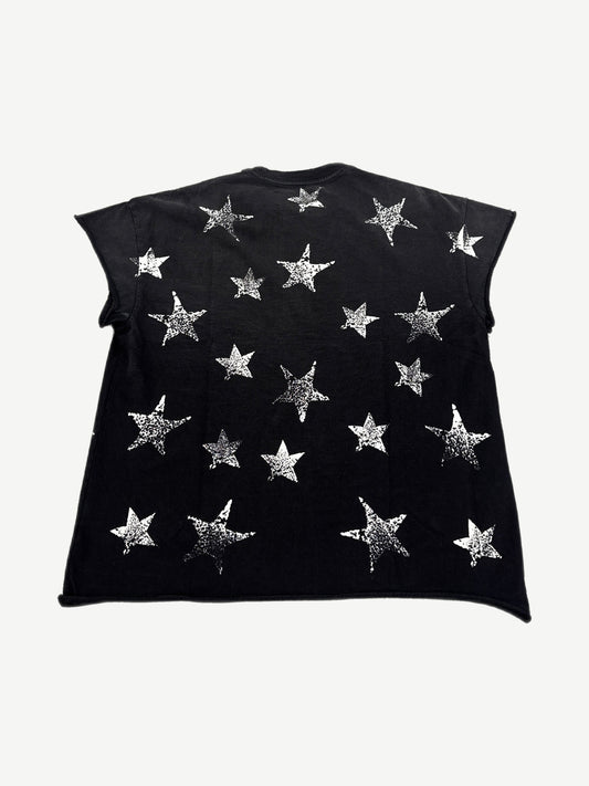 Satoshi Nakamoto black cutoff muscle tee back covered in silver distressed five-point star prints