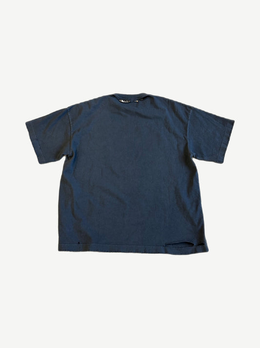Satoshi Nakamoto washed black 1969 tee back view with blank faded body and distressed cut-up bottom hem