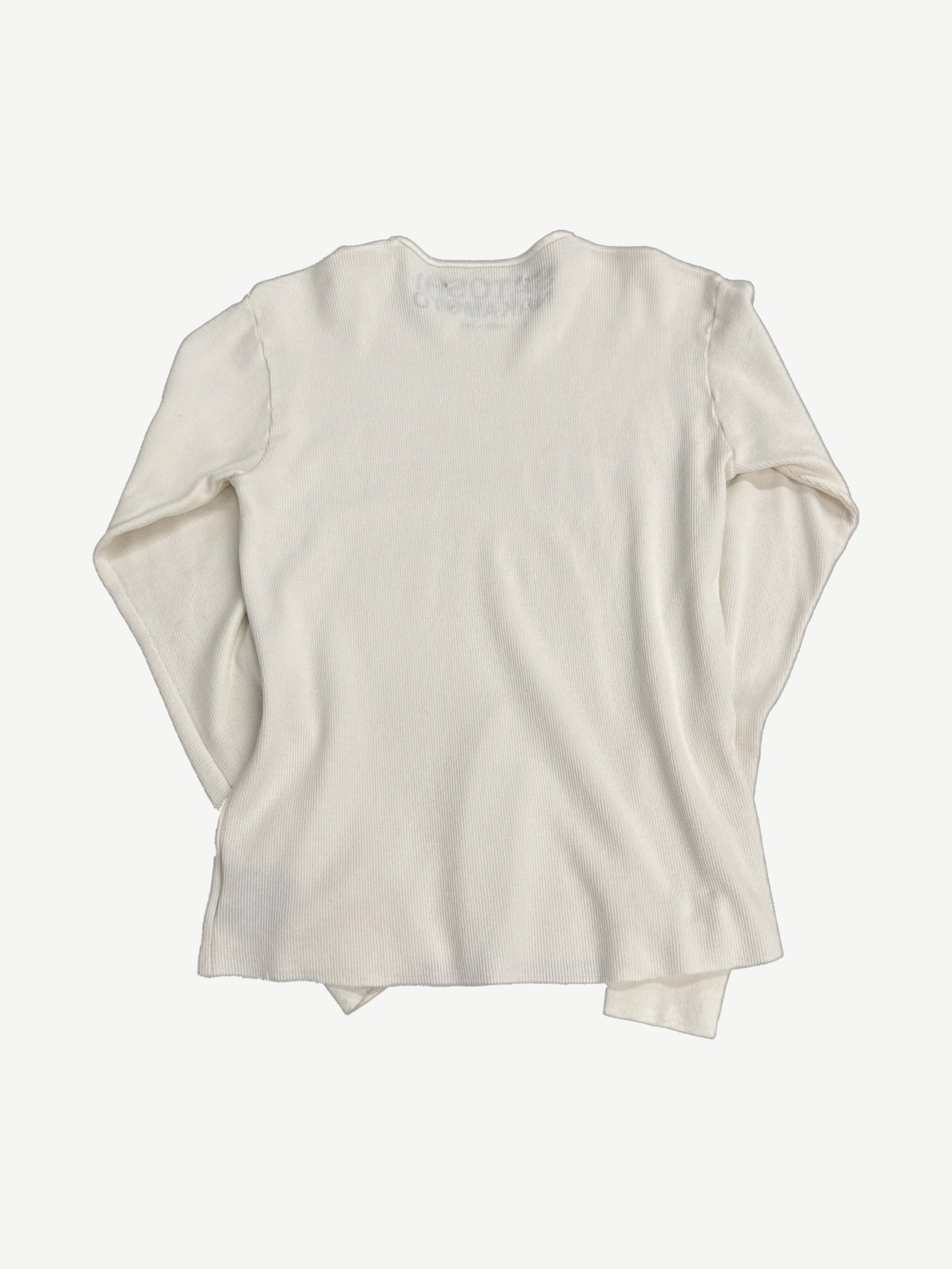 Satoshi Nakamoto white ribbed thermal longsleeve back view in cream waffle knit with ribbed cuffs and hem