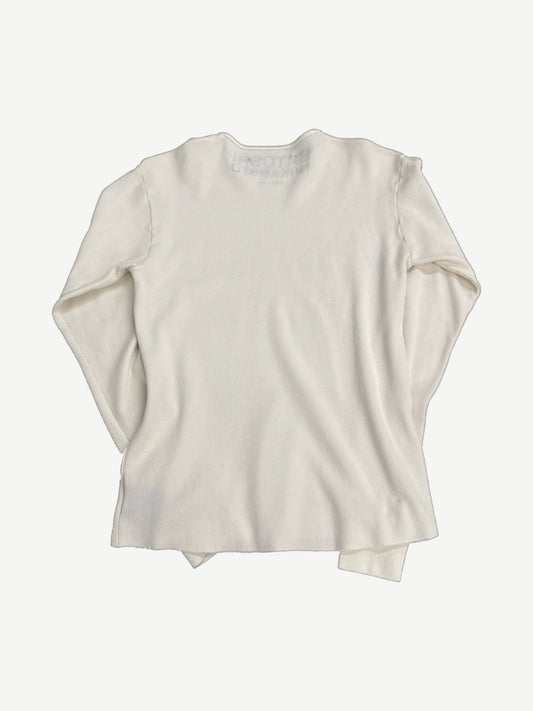 Satoshi Nakamoto white ribbed thermal longsleeve back view in cream waffle knit with ribbed cuffs and hem