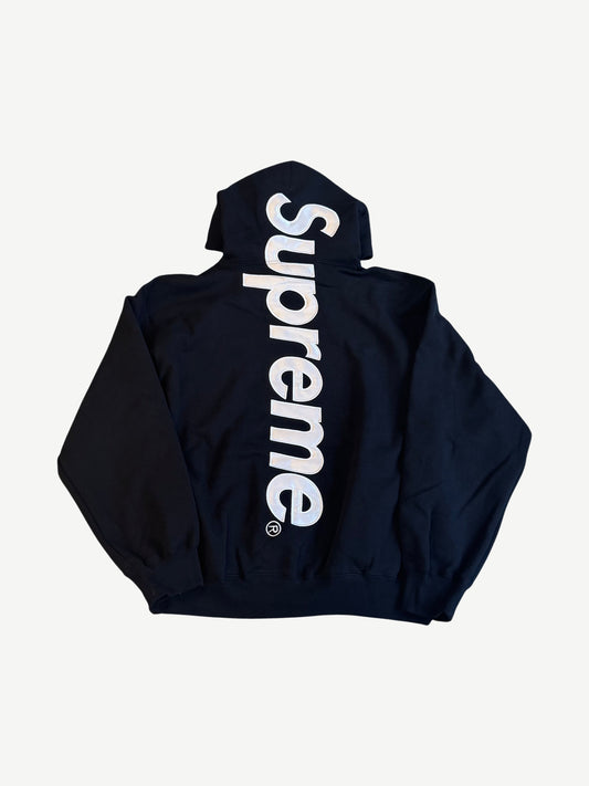 Supreme black satin applique hoodie back with large vertical Supreme satin patch logo down center spine.