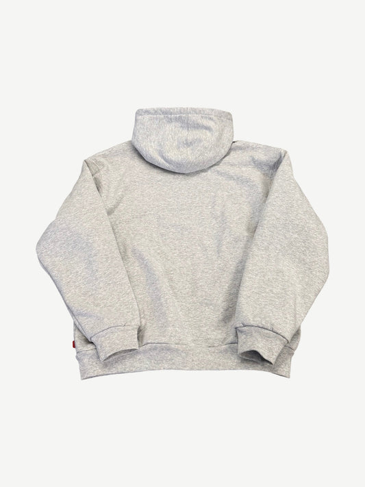Supreme arc logo thermal hoodie back view in heather gray fleece with attached hood and ribbed cuffs.