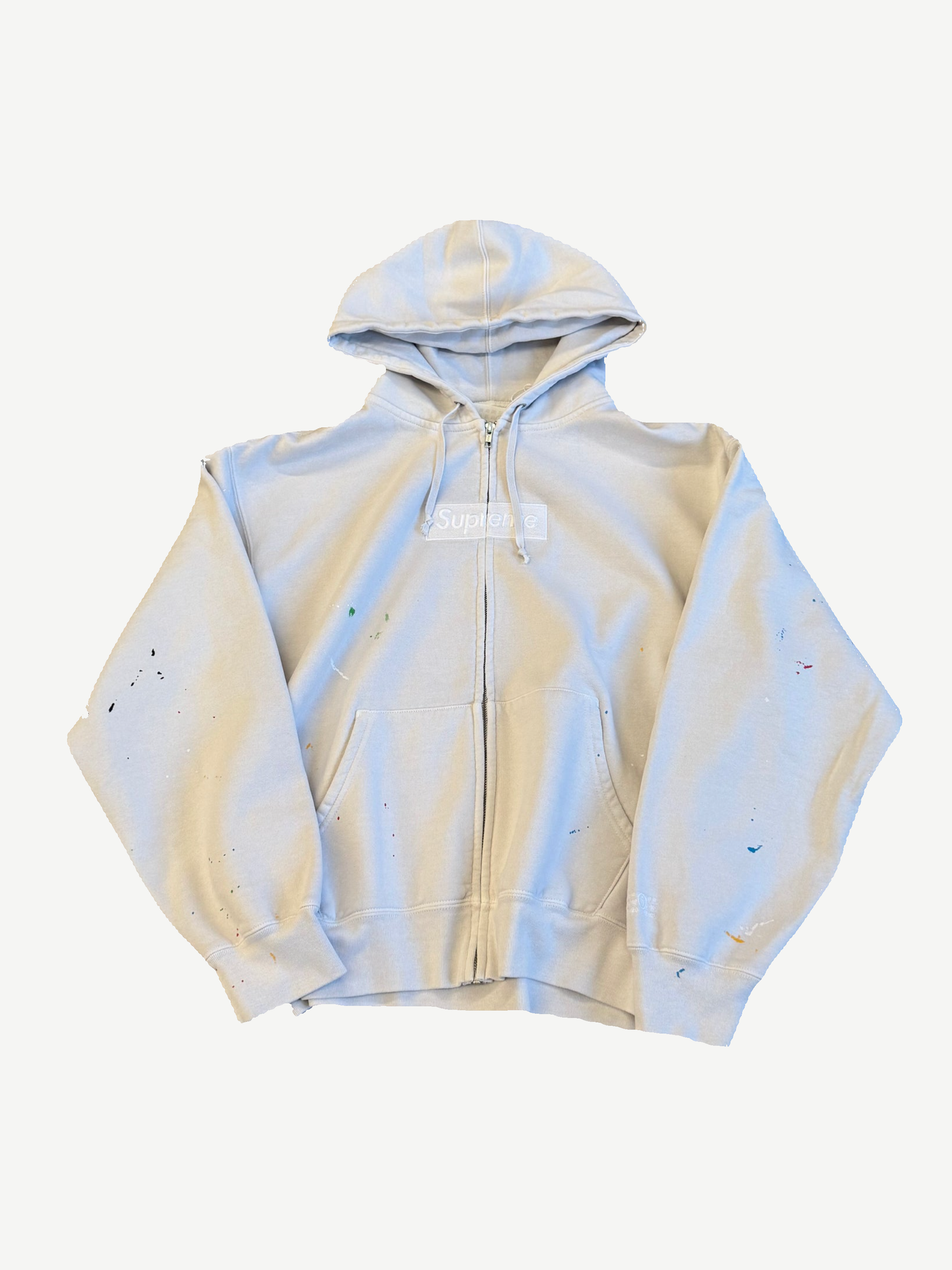 Supreme x Maison Margiela MM6 white zipup hoodie with red box logo and MM6 numeric tag at chest.