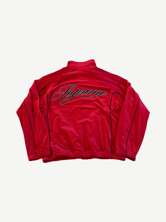 Supreme red velour and mesh track jacket front with black piping and small script Supreme chest embroidery