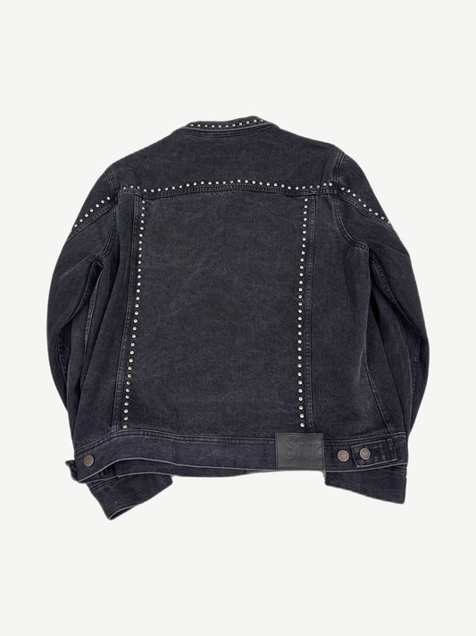 Supreme studded denim trucker jacket back view, indigo denim with stud embellishment and classic yoke seams.