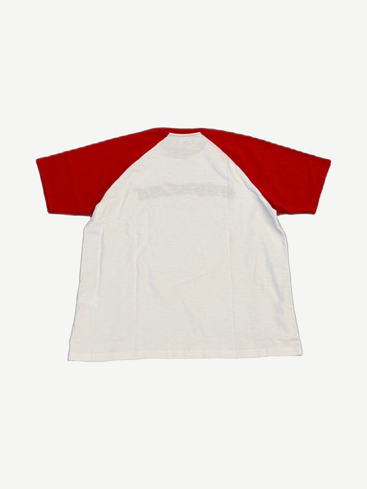 Supreme white rhinestone raglan tee back view with red contrast short sleeves on white body