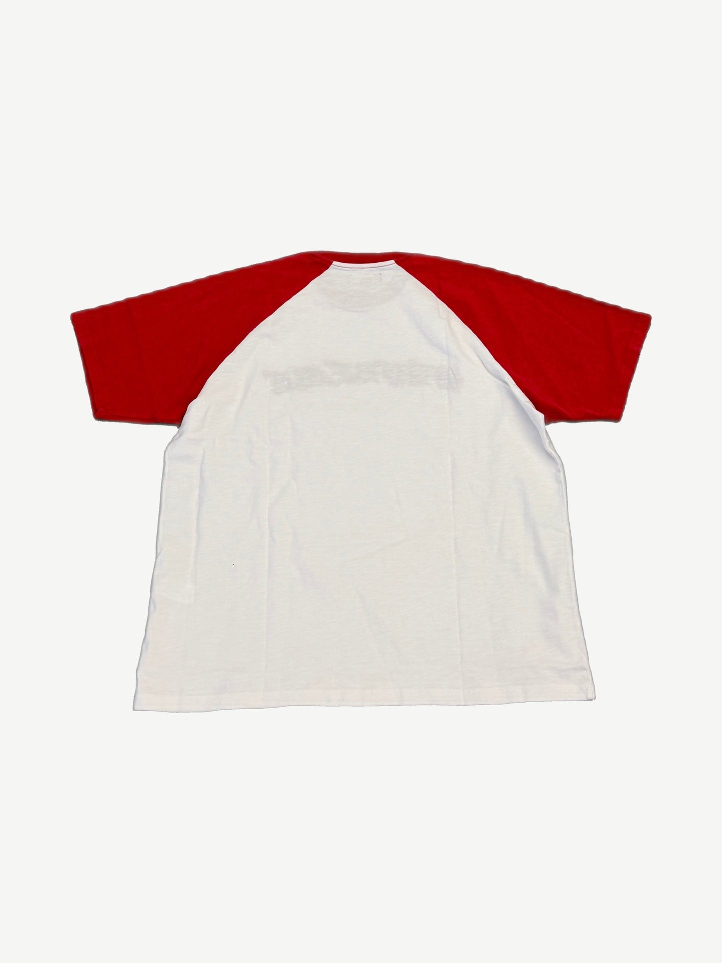 Supreme white rhinestone raglan tee back view with red contrast short sleeves on white body