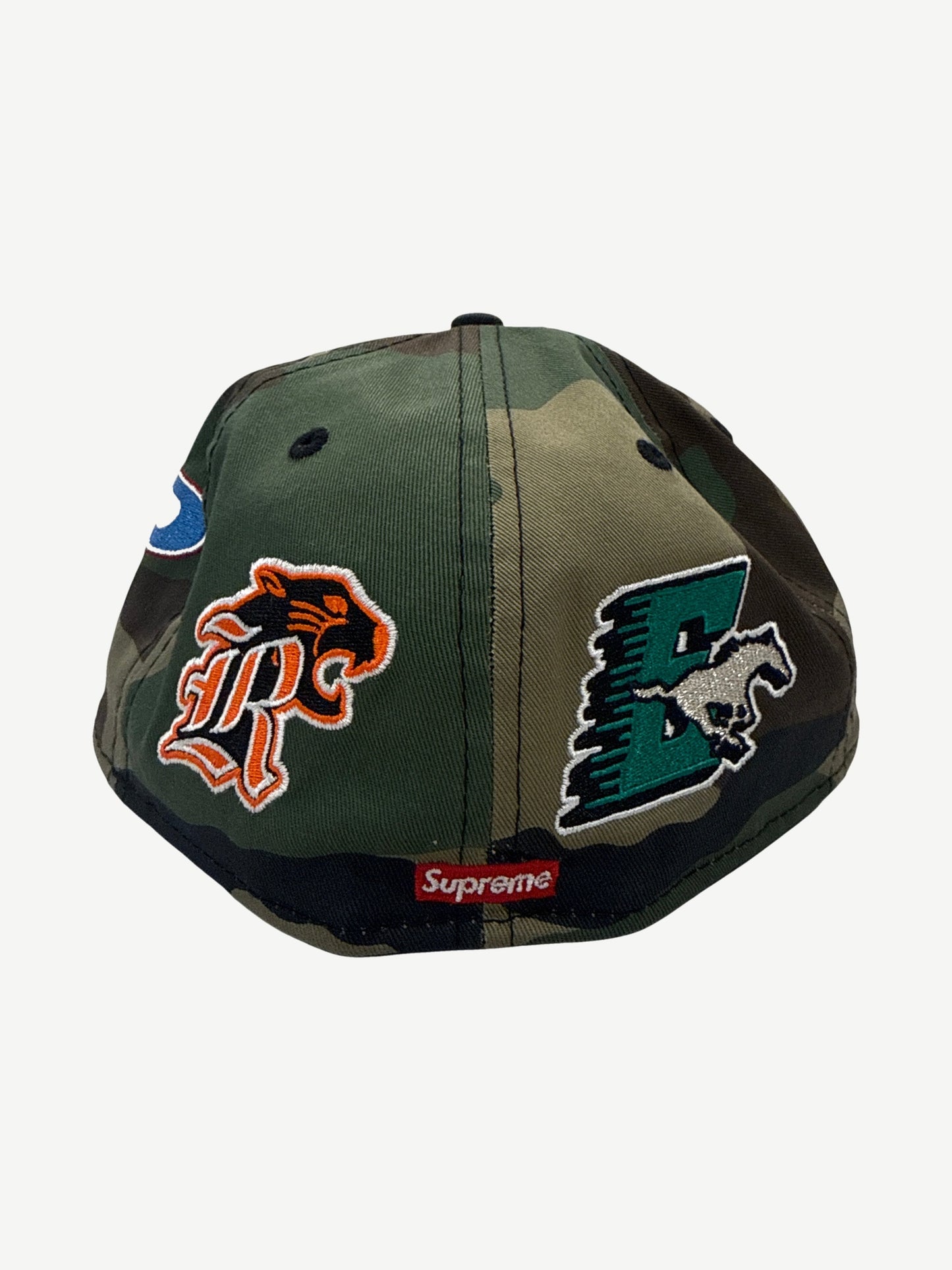 Supreme camo fitted cap rear view with Supreme box logo tab and embroidered mascot patches
