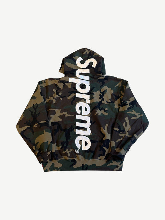 Supreme woodland camo hoodie back with vertical white satin applique Supreme logo from hood to hem
