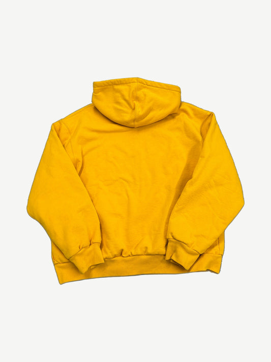 Supreme yellow thermal-lined zip-up hoodie back, plain mustard yellow cotton fleece with attached hood