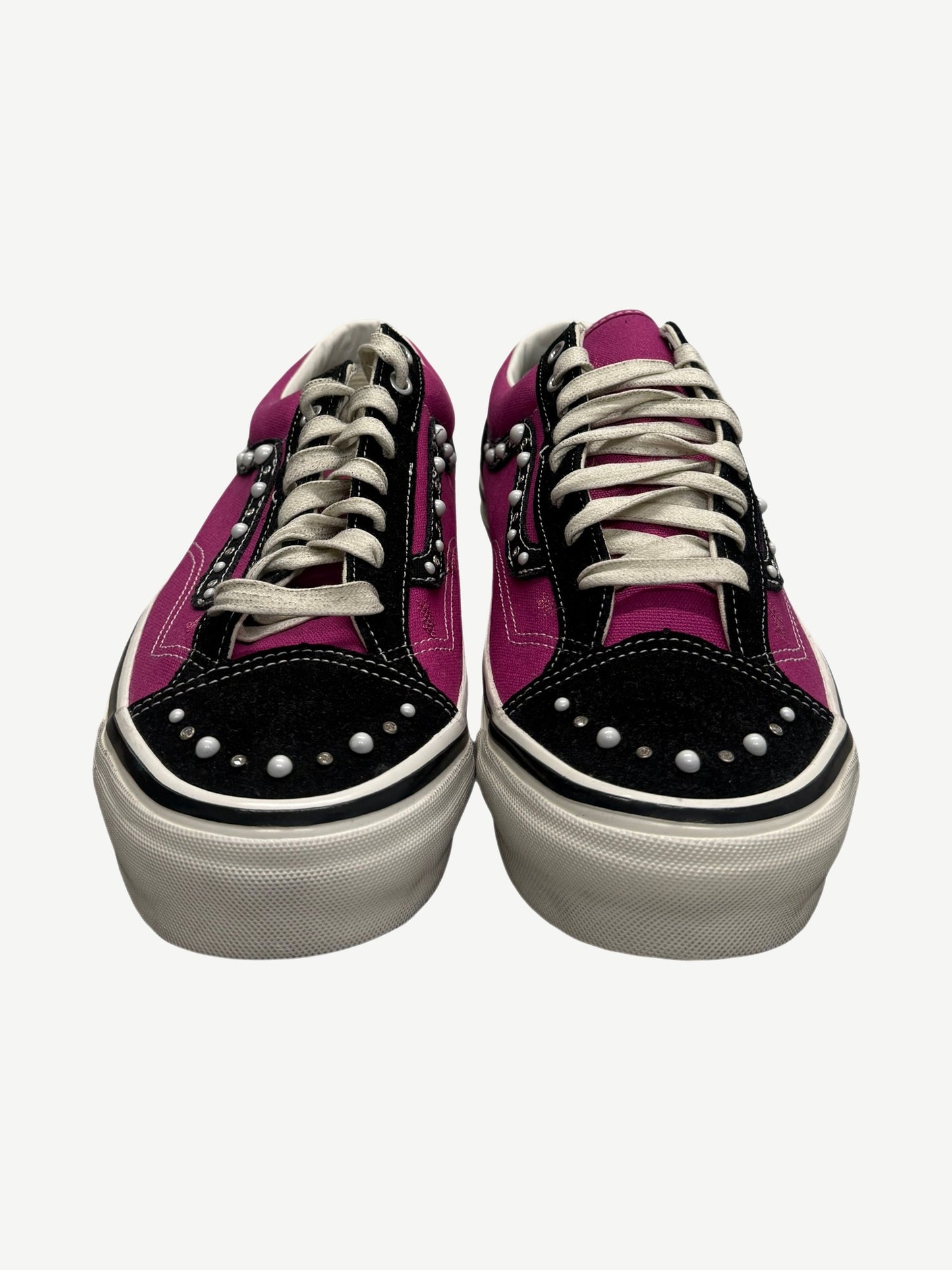 Vans Old Skool 36 Pearlized Pack front pair showing pink uppers with pearl-studded black sidestripe