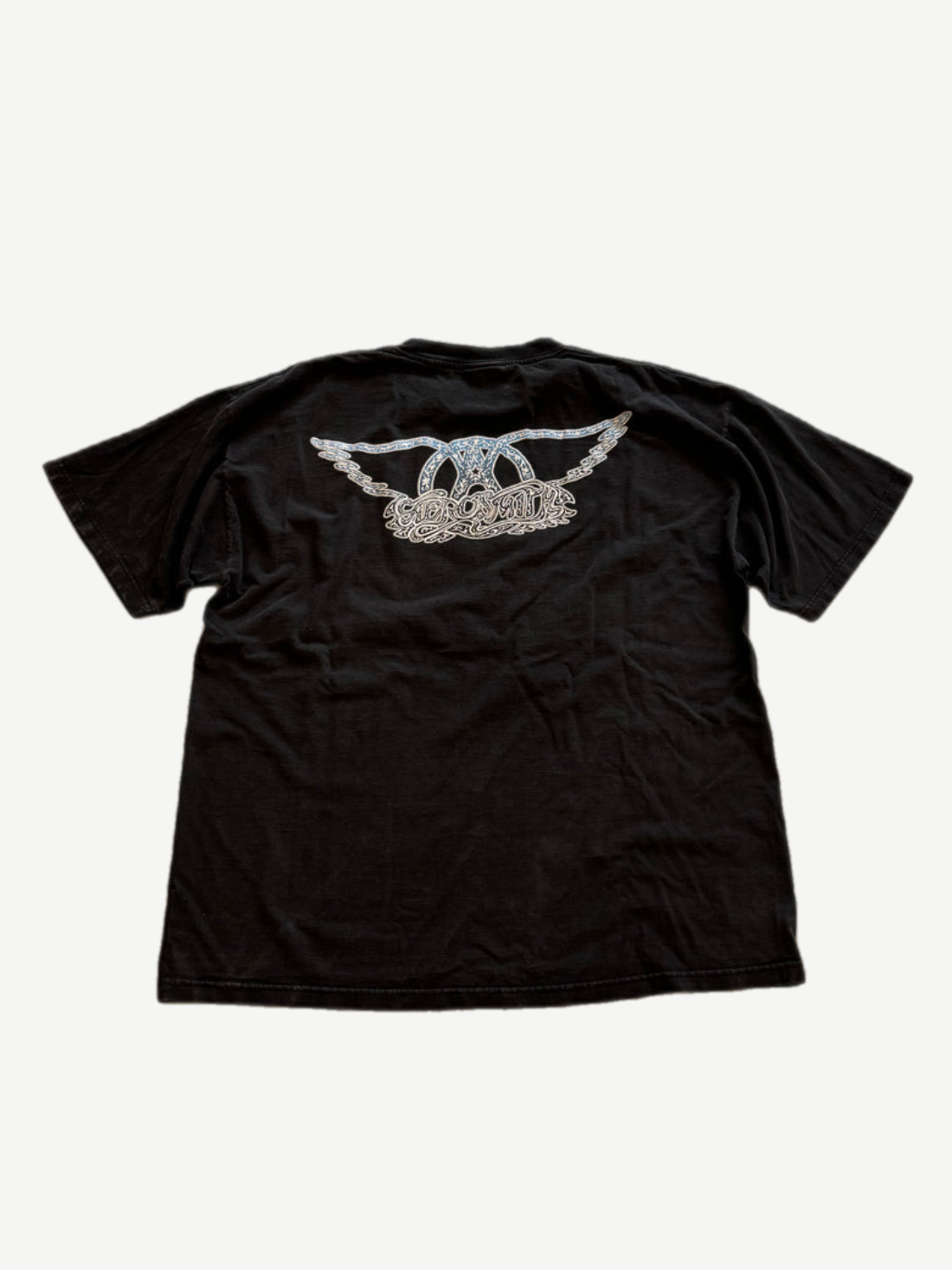 Vintage Aerosmith Nine Lives tour tee back with detailed silver winged band logo center print