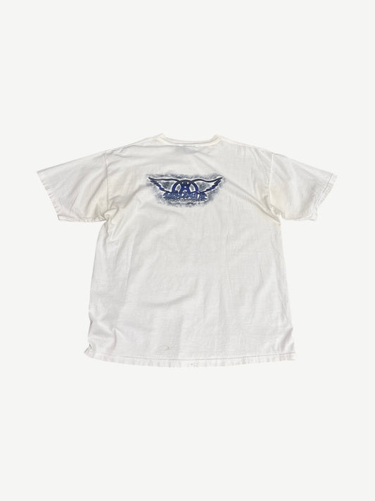 Vintage Aerosmith white tee back showing faded blue winged Aerosmith logo print on softly worn cotton