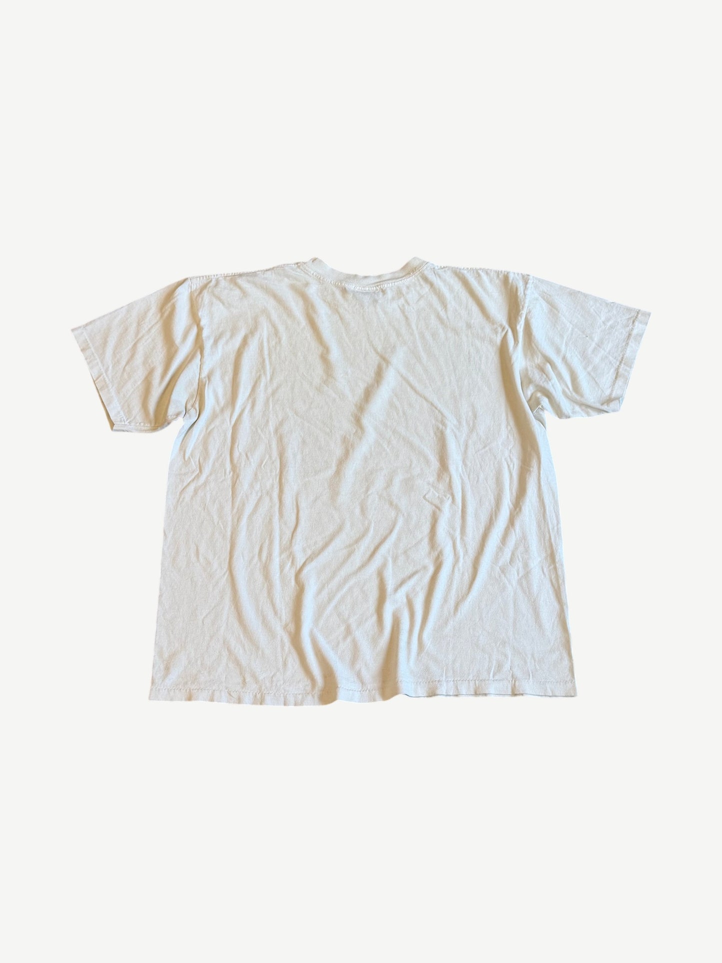 Vintage Beavis and Butthead MTV tee back view in worn cream cotton with broken in soft hand feel.