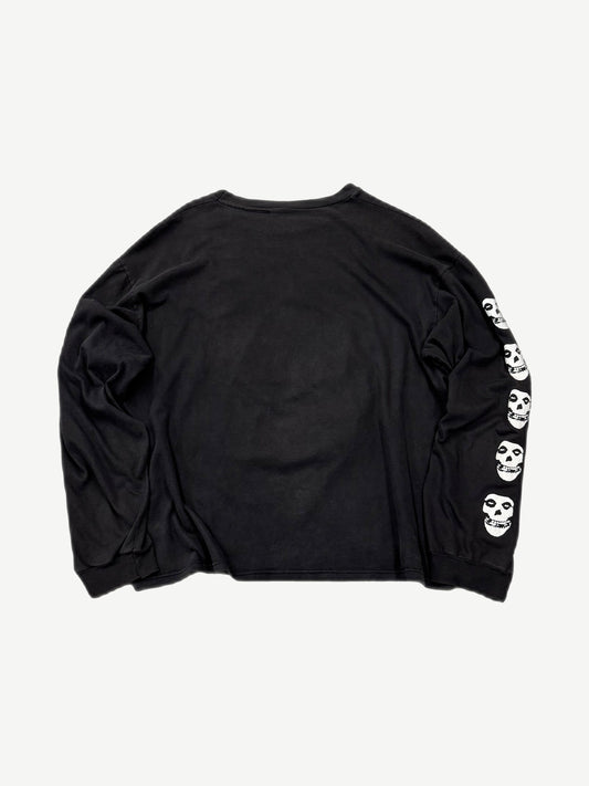 Vintage Misfits black longsleeve back view with white Crimson Ghost skull repeats down right sleeve