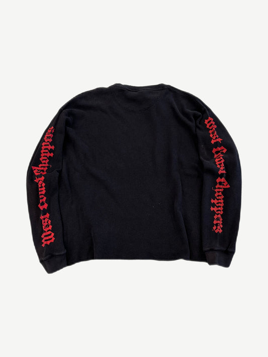 Vintage West Coast Choppers black thermal longsleeve back, gothic sleeve text in faded red ink