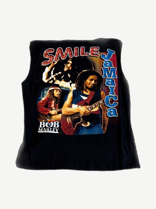 Vintage Bob Marley cutoff back with Smile Jamaica blue text and guitar performance photo collage graphic