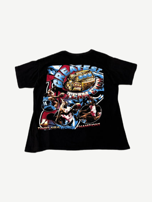 Vintage Bulls Greatest Team Ever rap tee back with championship ring and Jordan, Pippen player photos
