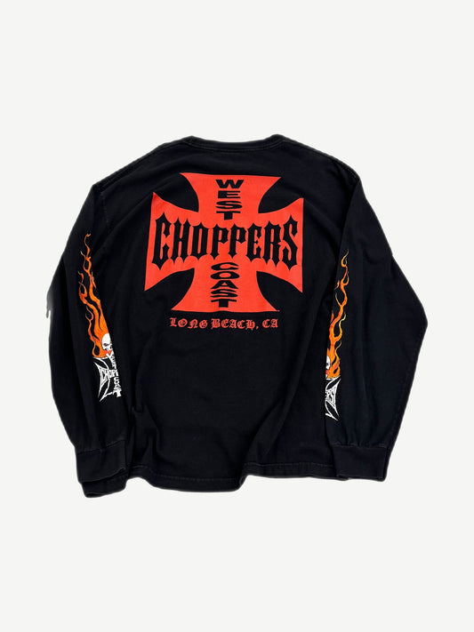 Back of vintage West Coast Choppers black longsleeve with red iron cross logo and Long Beach CA print
