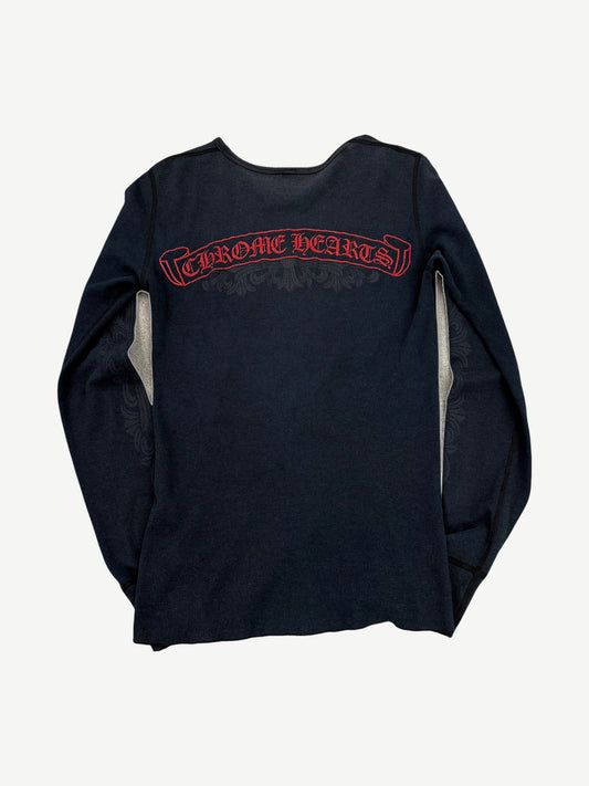 Vintage Chrome Hearts thermal longsleeve back view with red gothic scroll banner logo on black waffle knit