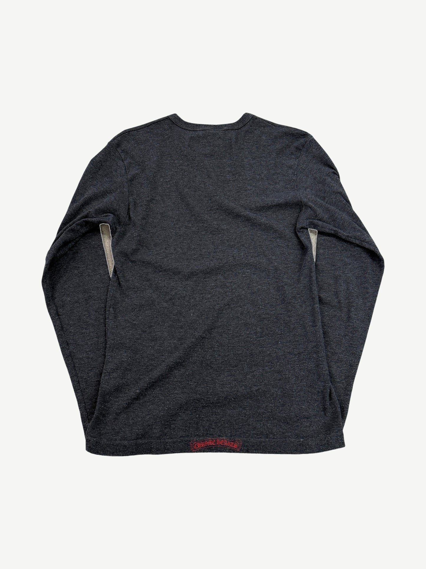Vintage Chrome Hearts charcoal longsleeve back with small red Chrome Hearts Old English bar embroidered at hem.