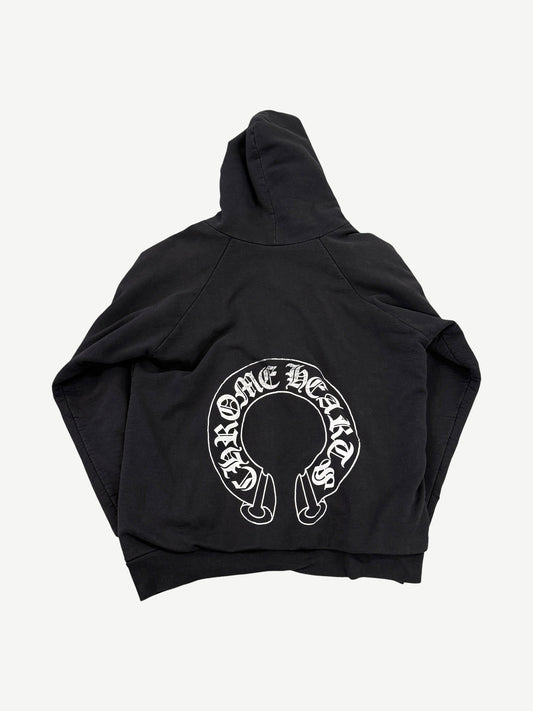 Chrome Hearts black zip-up hoodie back with large white Old English Chrome Hearts horseshoe logo graphic
