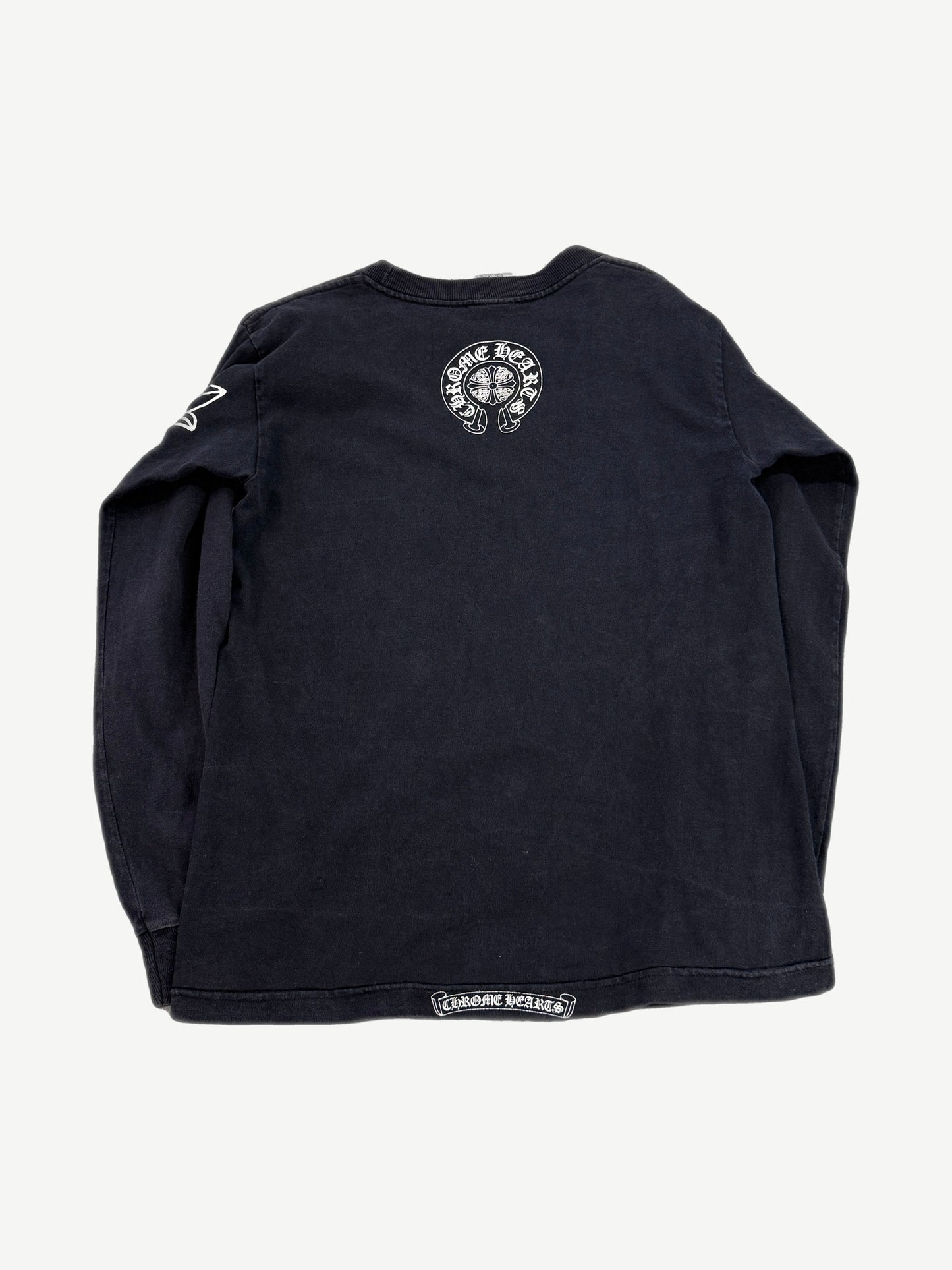 Vintage Chrome Hearts vine dagger longsleeve back view with white horseshoe logo and hem scroll print