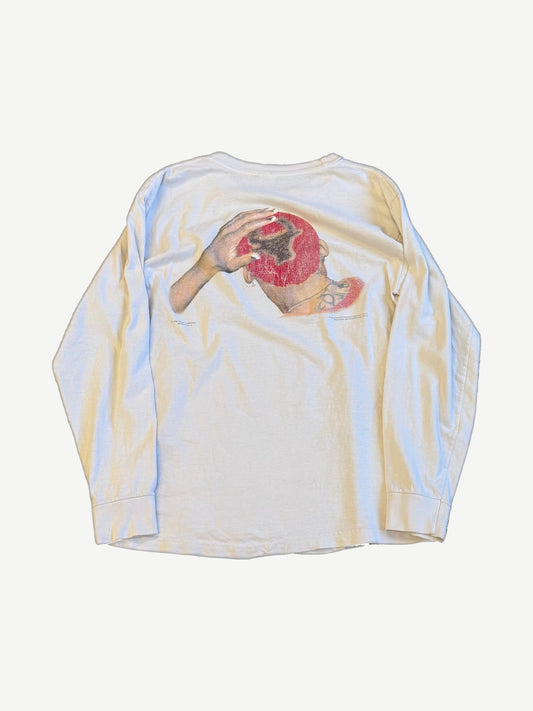 Vintage Dennis Rodman Enforcer longsleeve back view with faded red halo head graphic and clutched hand.