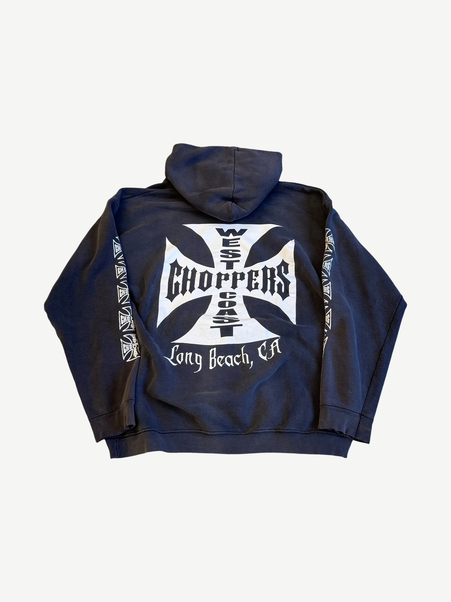 Vintage West Coast Choppers hoodie back view with oversized iron cross logo and Long Beach CA gothic text print.