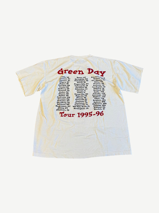 Back of vintage Green Day Insomniac 1995-96 tour tee with red title and full city tour date list.