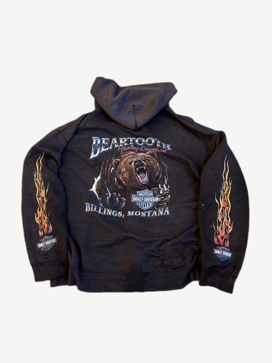 Harley Davidson Beartooth zip hoodie back view showing dealership location graphic and flame sleeves.